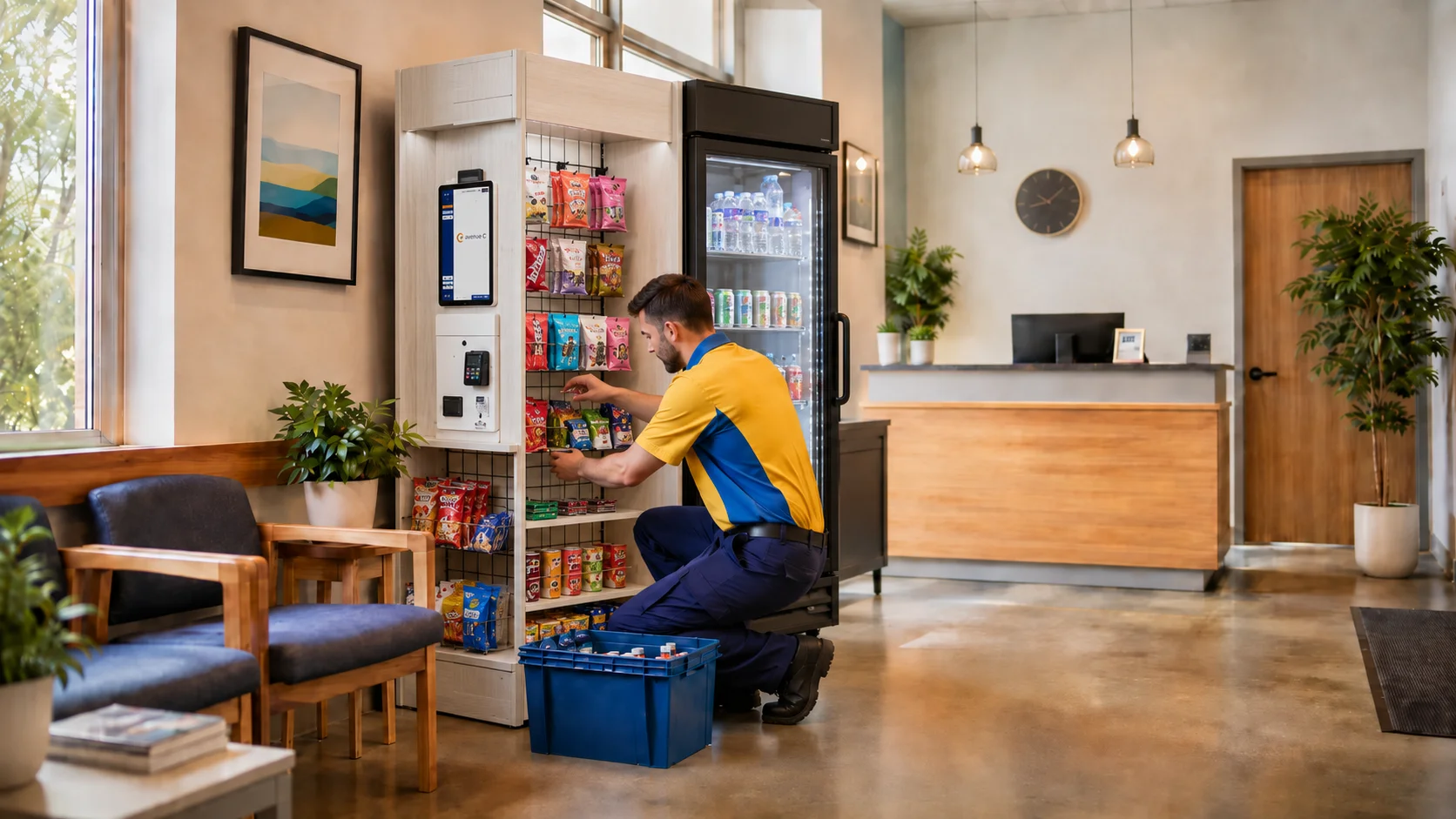 Employees taking a break near vending machines in a modern office common area